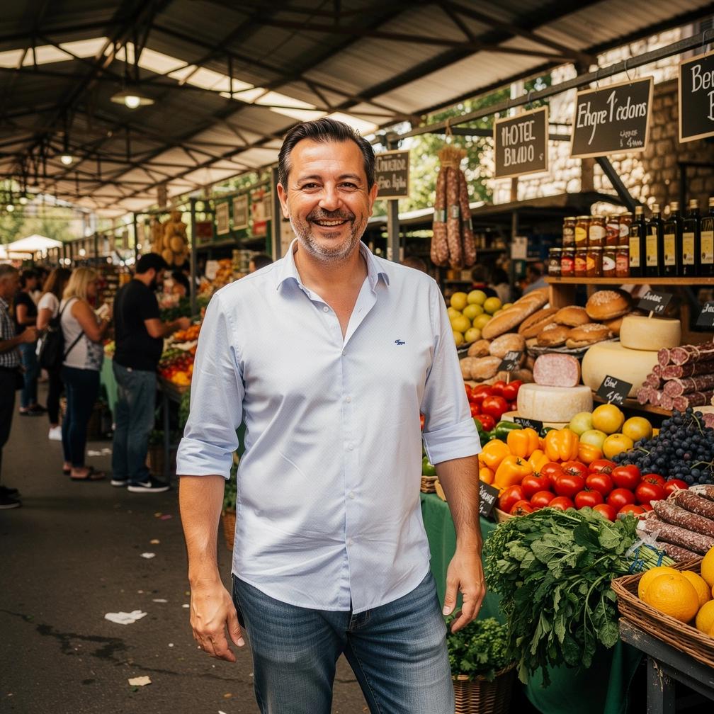 Blick auf eine lebhafte Markthalle in Deutschland mit Ständen voller frischer regionaler Lebensmittel.