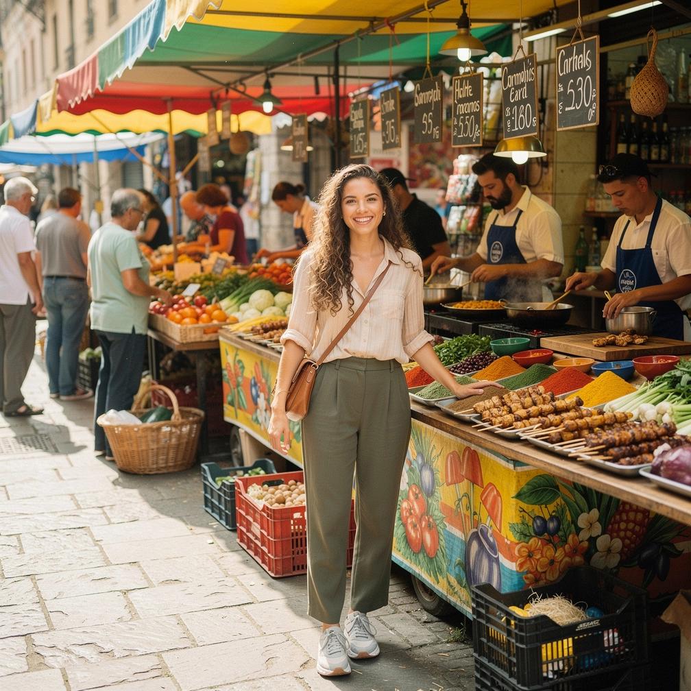Detailaufnahme von buntem saisonalem Obst und Gemüse auf einem Marktstand in einer überdachten Markthalle.