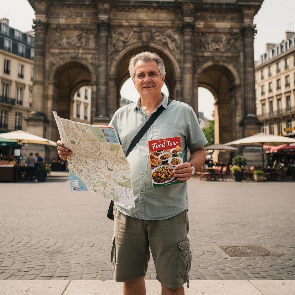 Touristen schlendern durch ein fußgängerfreundliches Lebensmittelviertel mit kleinen Geschäften und Ständen.